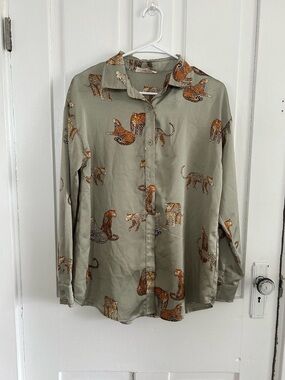 Mazik Olive Green Button-Down Shirt with Leopard Motif